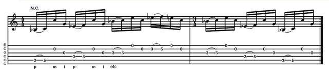 Example 4 - John says he learned this one from a guitarist called Brian, from Byron Bay, whilst out on one of his busking jaunts. It's basically a repetitious fingerstyle 'engine', which can be moved around the guitar whilst maintaining the same groove.